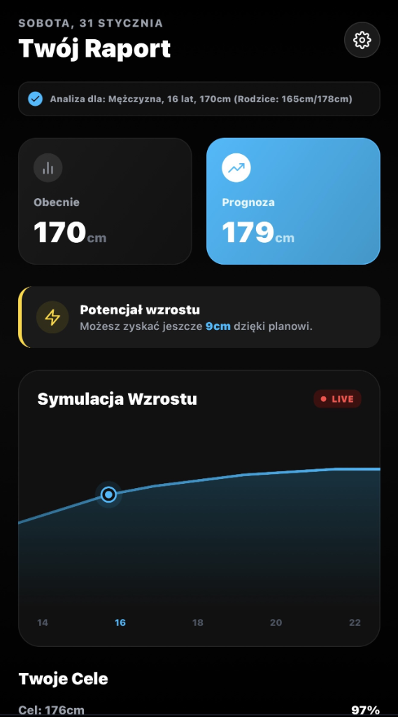 Ekran raportu wzrostu w aplikacji Urośnij